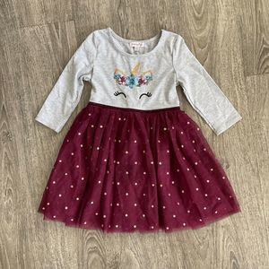 Chenault Girl Dress Size 4/5 GrayTulle Unicorn‎ Long Sleeve Burgundy Sparkle